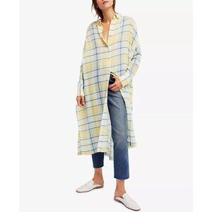 Free People By My Side Button Up Oversized Summer Yellow Plaid Tunic Size XS